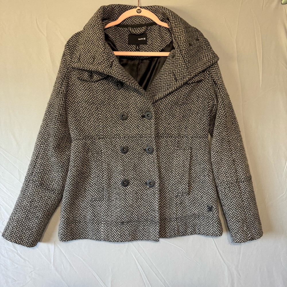 Hurley Womens Herringbone Jacket L (S/M Fit) Grey Outdoors Double Breasted Edgy